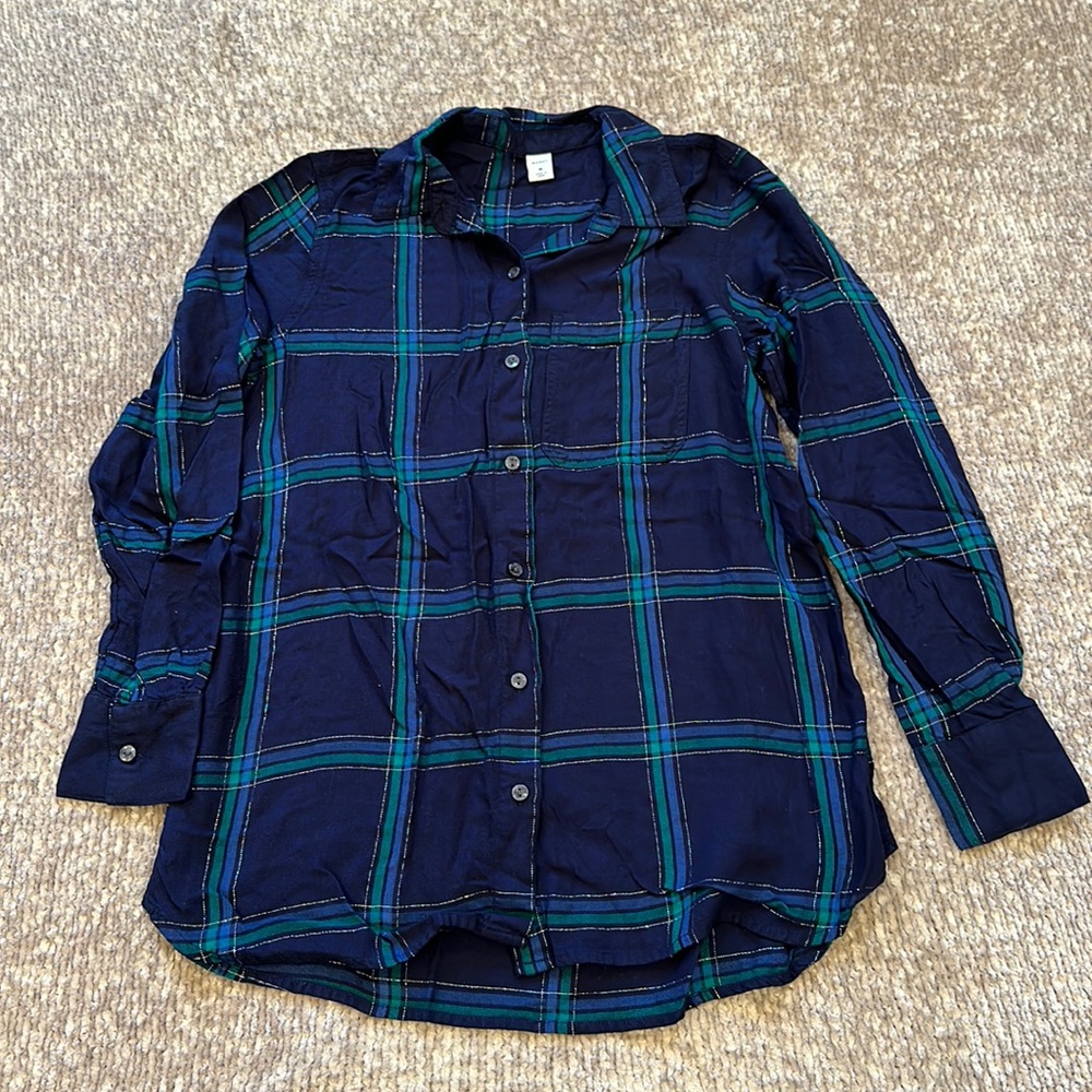 Old Navy Blue & Green Sparkly Plaid Tunic Button Down Top